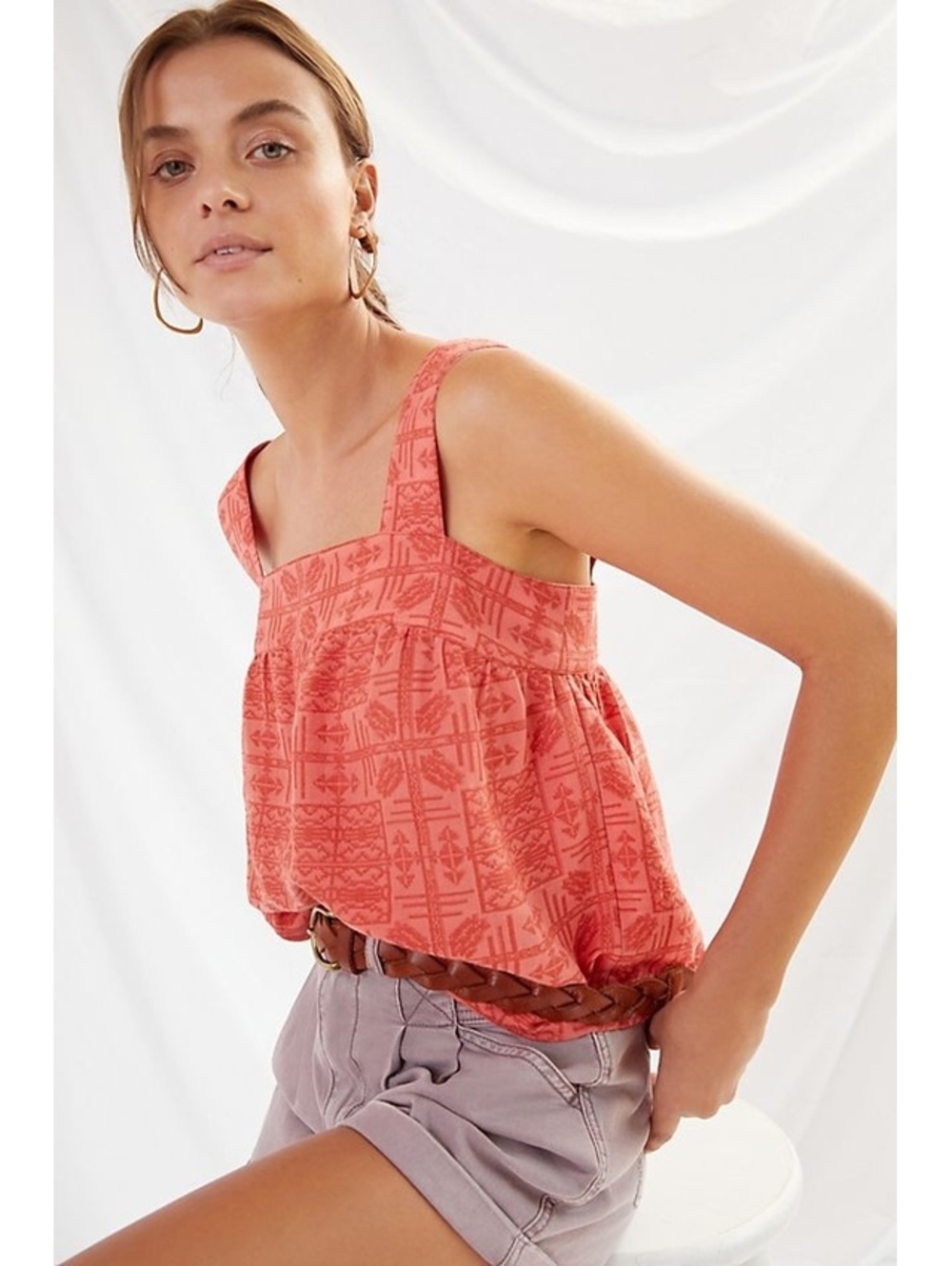 Anthropologie Sylvia Embroidered Button-Back Tank Coral Size L
